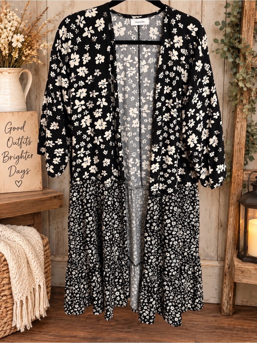 Maurices Black and White Floral Duster Cardigan